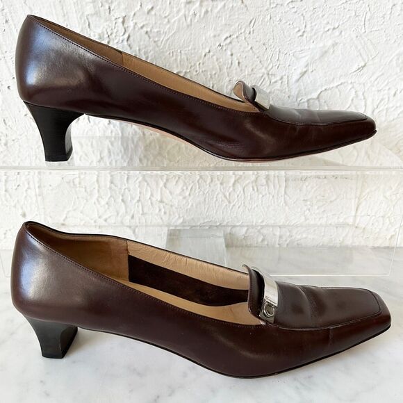 Salvatore Ferragamo Brown Leather Pumps 9.5 AAAA Narrow Silver Bar Square Toe - Picture 1 of 8